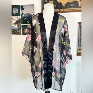 VTG Sheer Floral Kimono Cardigan Duster Cover Up with Satin Trim - Black/Pink